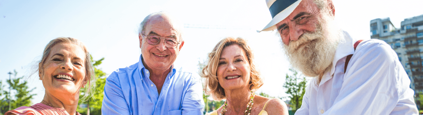 Group of happy seniors promoting natural digestive health supplements for wellness and detoxification