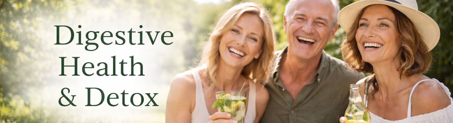 Group of happy seniors promoting natural digestive health supplements for wellness and detoxification