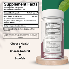 Bloofah Holy Basil Leaf Capsules 500mg - | Tulsi (Ocimum tenuiflorum) Extract 10:1 Leaf Powder | 100% Pure Natural Herbal Supplement | Non-GMO, Gluten Free Formula
