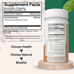 Bloofah Ginseng Capsules 1000mg | Natural Clean Supplement | 100% Pure Ginseng Root Powder Extra Strength, Non-GMO, Gluten-Free Formula Herbal Supplement for Overall Health