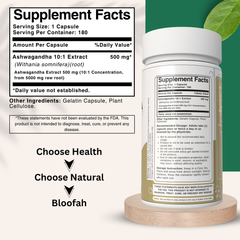 Bloofah Ashwagandha Capsules 500mg - (Withania somnifera) 10:1 Extract Powder, 100% Natural & Pure, Non-GMO, Gluten-Free, Extra Strength Herbal Suppleemnt for Men & Women