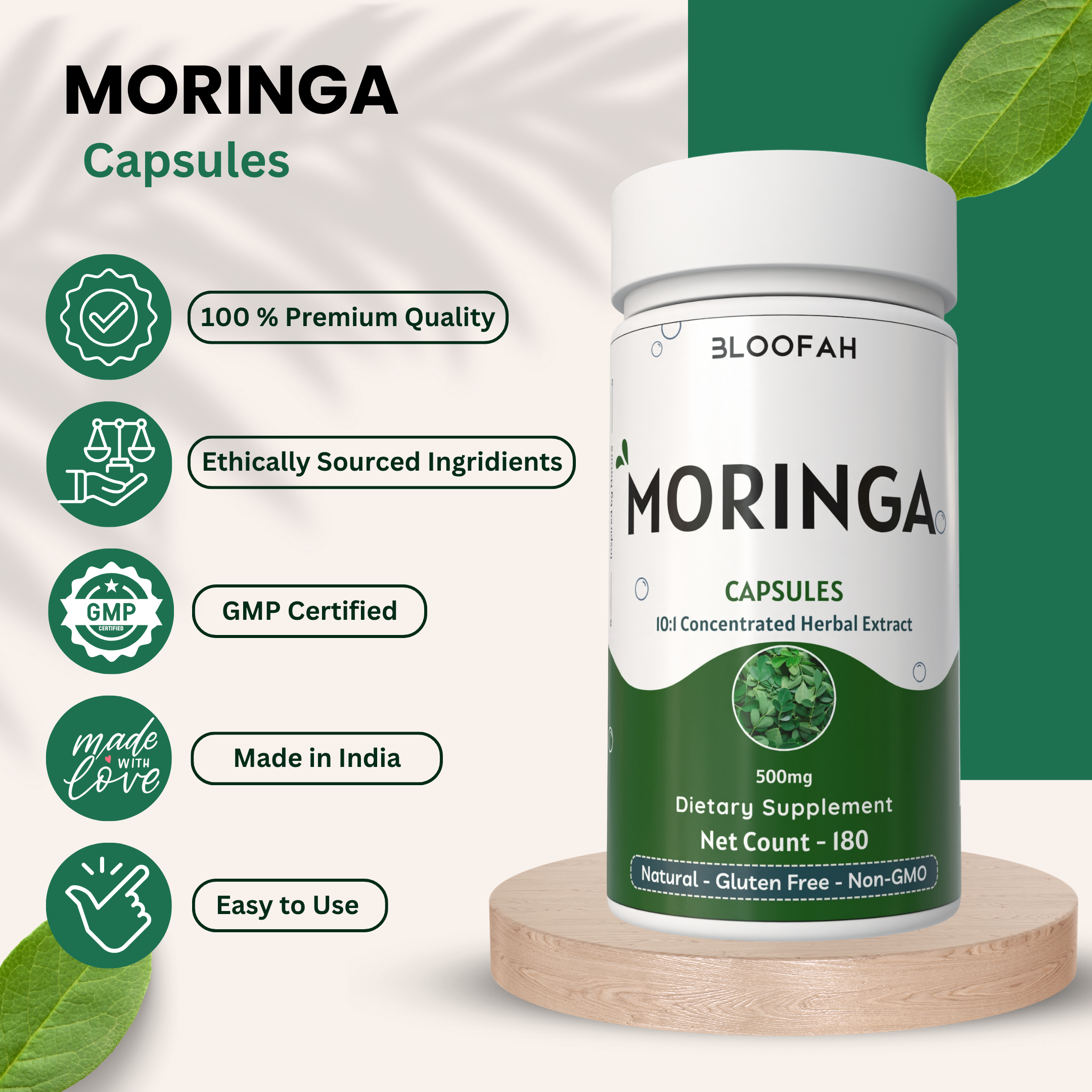Bloofah Moringa Capsules 500mg | Natural Superfood Supplement for Vitality | 100% Pure Moringa Oleifera Leaf Extract 10:1 Powder | Nutrient-Rich Vegetarian Green Superfood Bloofah Moringa Capsules 500mg | Natural Superfood Supplement for Vitality | 100% Pure Moringa Oleifera Leaf Extract 10:1 Powder | Nutrient-Rich Vegetarian Green Superfood