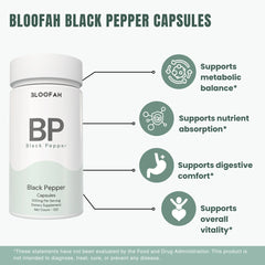 Bloofah BP – Black Pepper Capsules 500mg | Absorption & Digestion Support (120 Capsules)