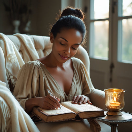 Woman journaling by candlelight in a cozy setting, promoting an energy boosting morning routine