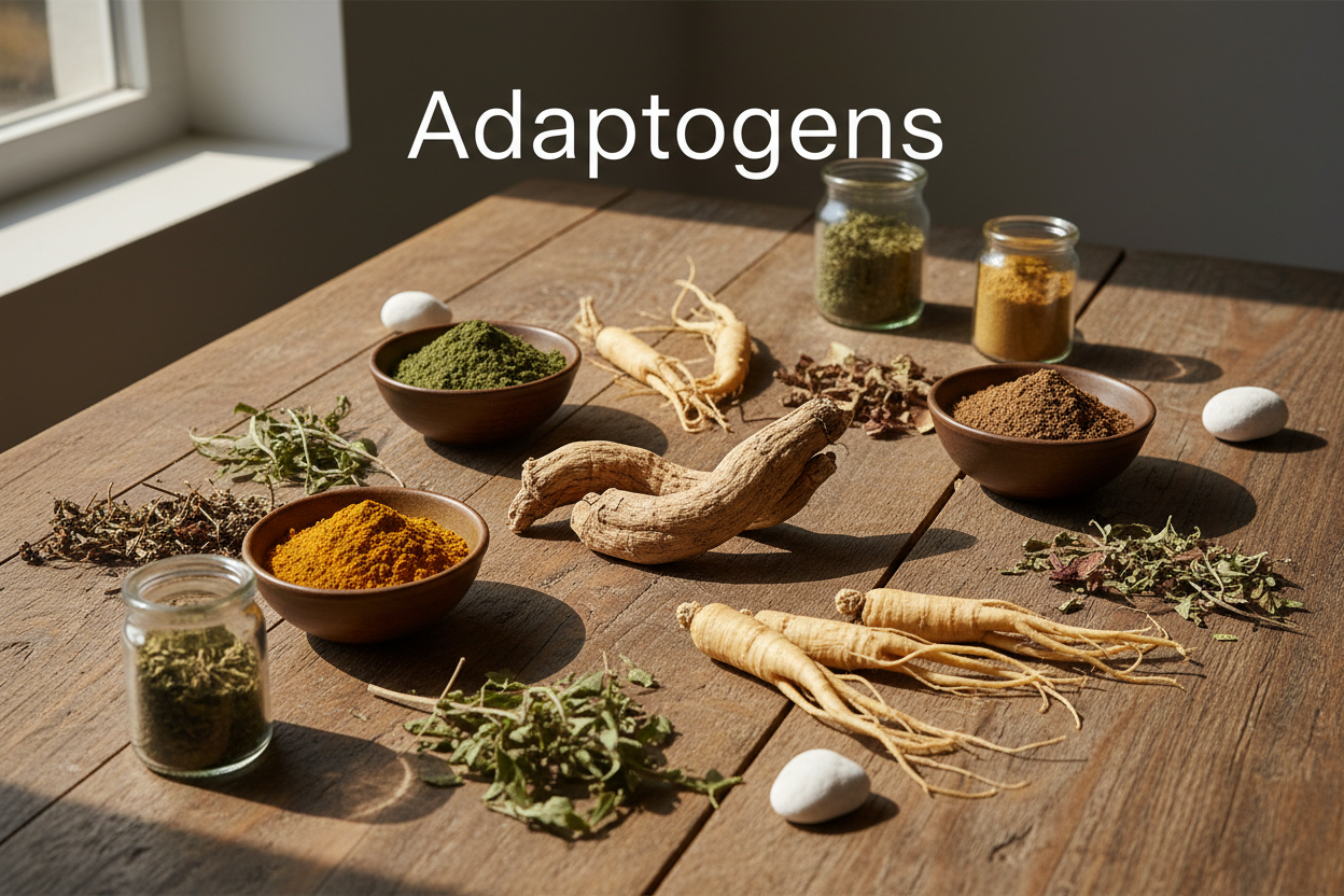 Adaptogens herbs and powders on wooden table for natural wellness supplements