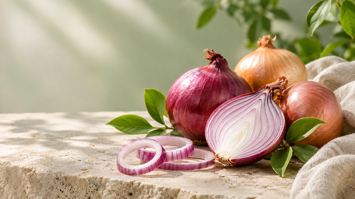 Fresh red and golden onions with onion slices and green leaves for the Bloofah Journal onion extract guide.