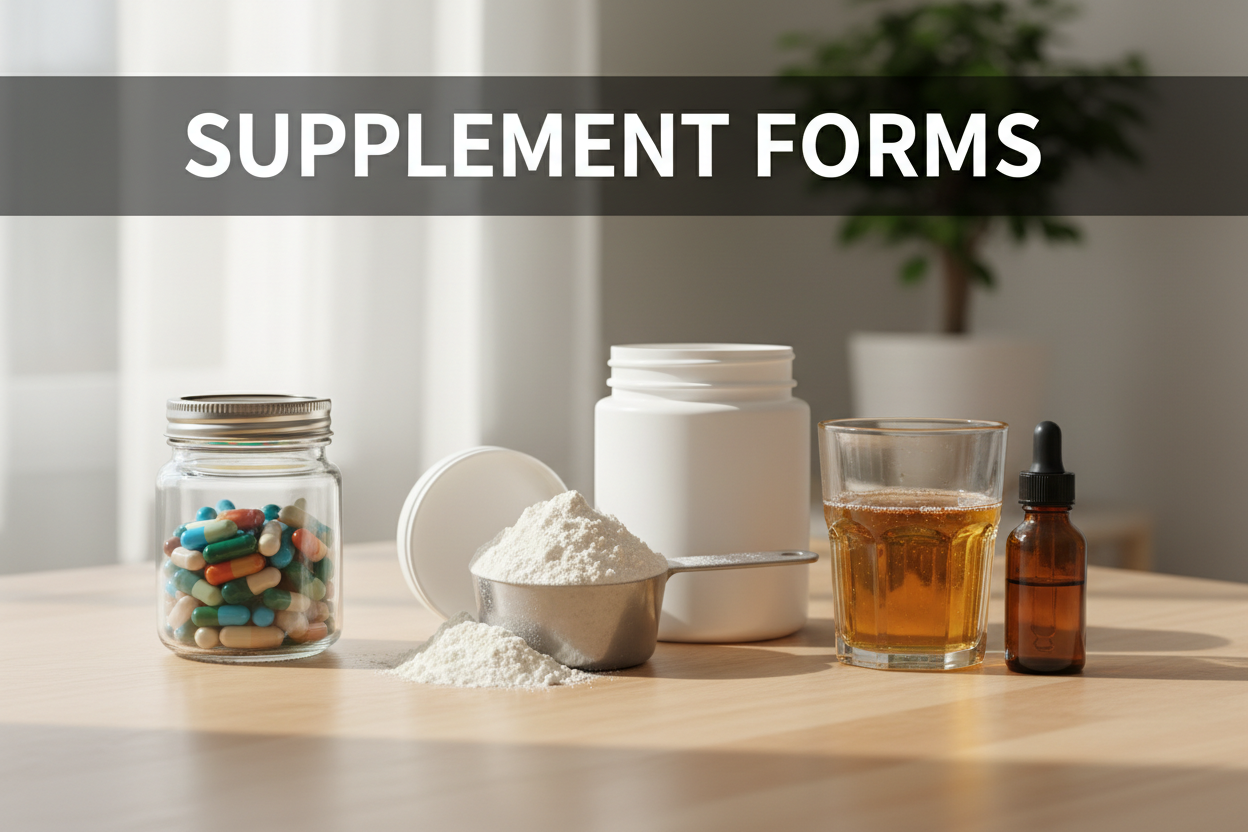 Various supplement forms including capsules, powder, liquid, and tincture on a wooden table
