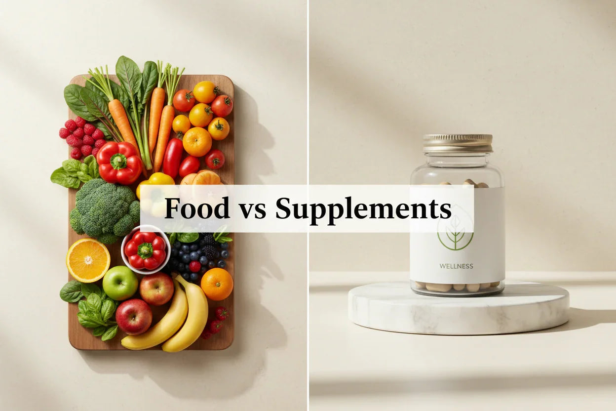 Fresh fruits, veggies, and herbal wellness supplements for balanced everyday health