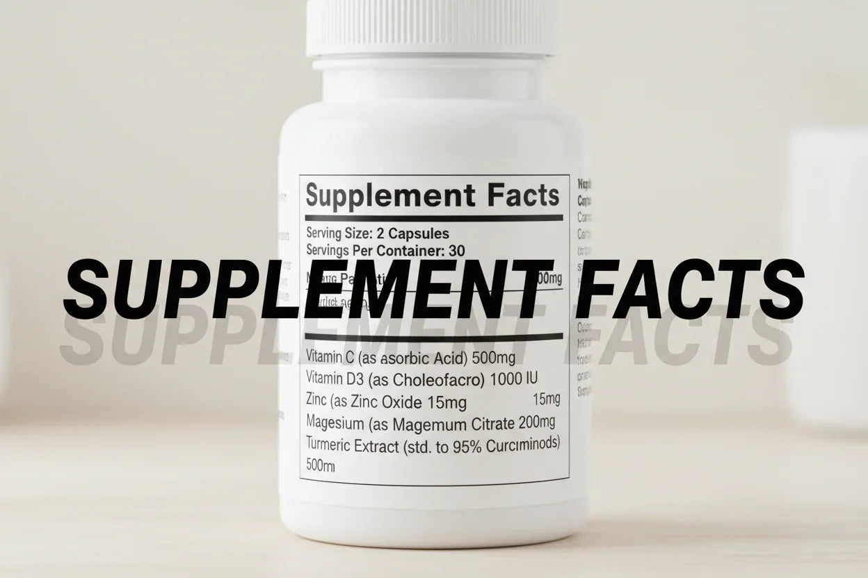Supplement Facts label on white bottle showing vitamins C, D3, zinc, magnesium, turmeric extract for wellness