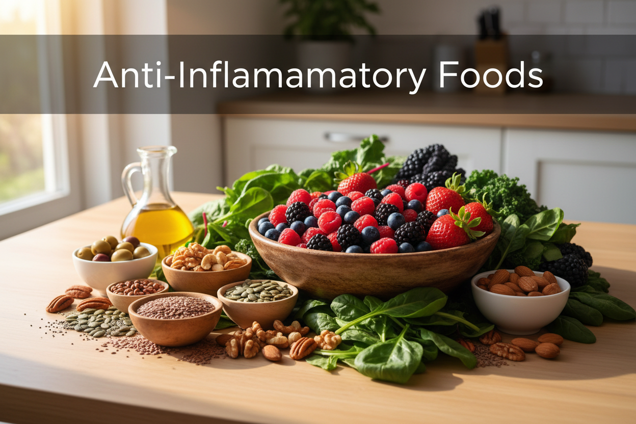 Fresh anti-inflammatory foods: berries, leafy greens, nuts, seeds, and olive oil on a kitchen table