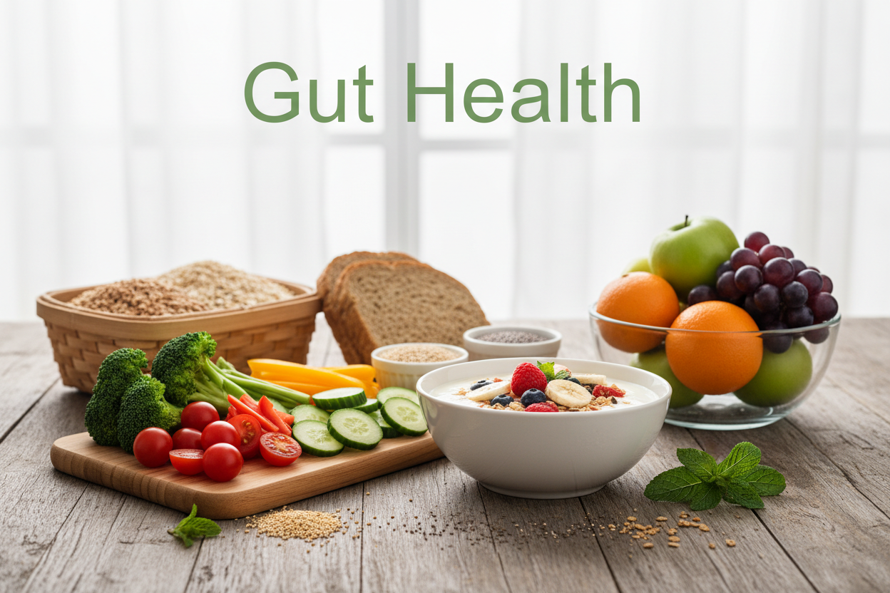 Gut health foods: yogurt with berries, fresh veggies, fruits, and whole grains for digestive wellness