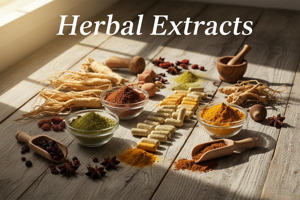 Herbal extracts, powders, and capsules on rustic wood with natural light