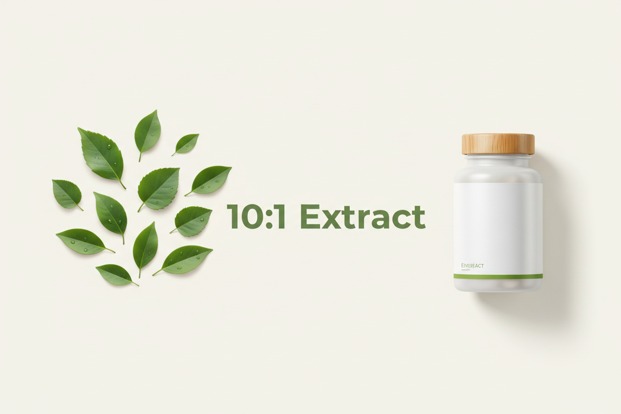 10:1 herbal extract supplement bottle with fresh green leaves, clean label wellness product