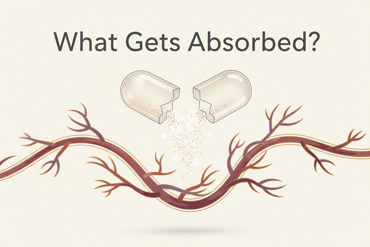 Herbal supplement capsule breaking over blood vessels, illustrating nutrient absorption for wellness