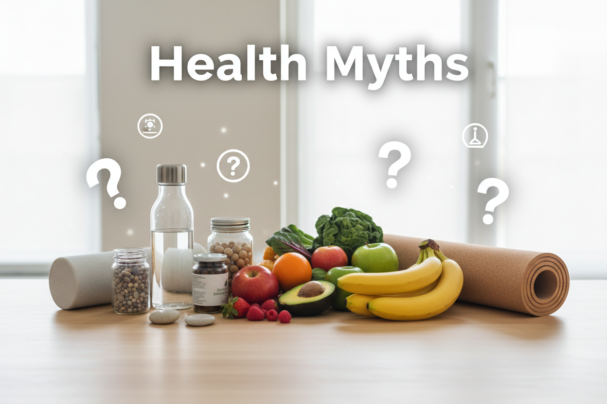 Fresh fruits, supplements, yoga mat, and water bottle with 'Health Myths' text, symbolizing wellness and nutrition.