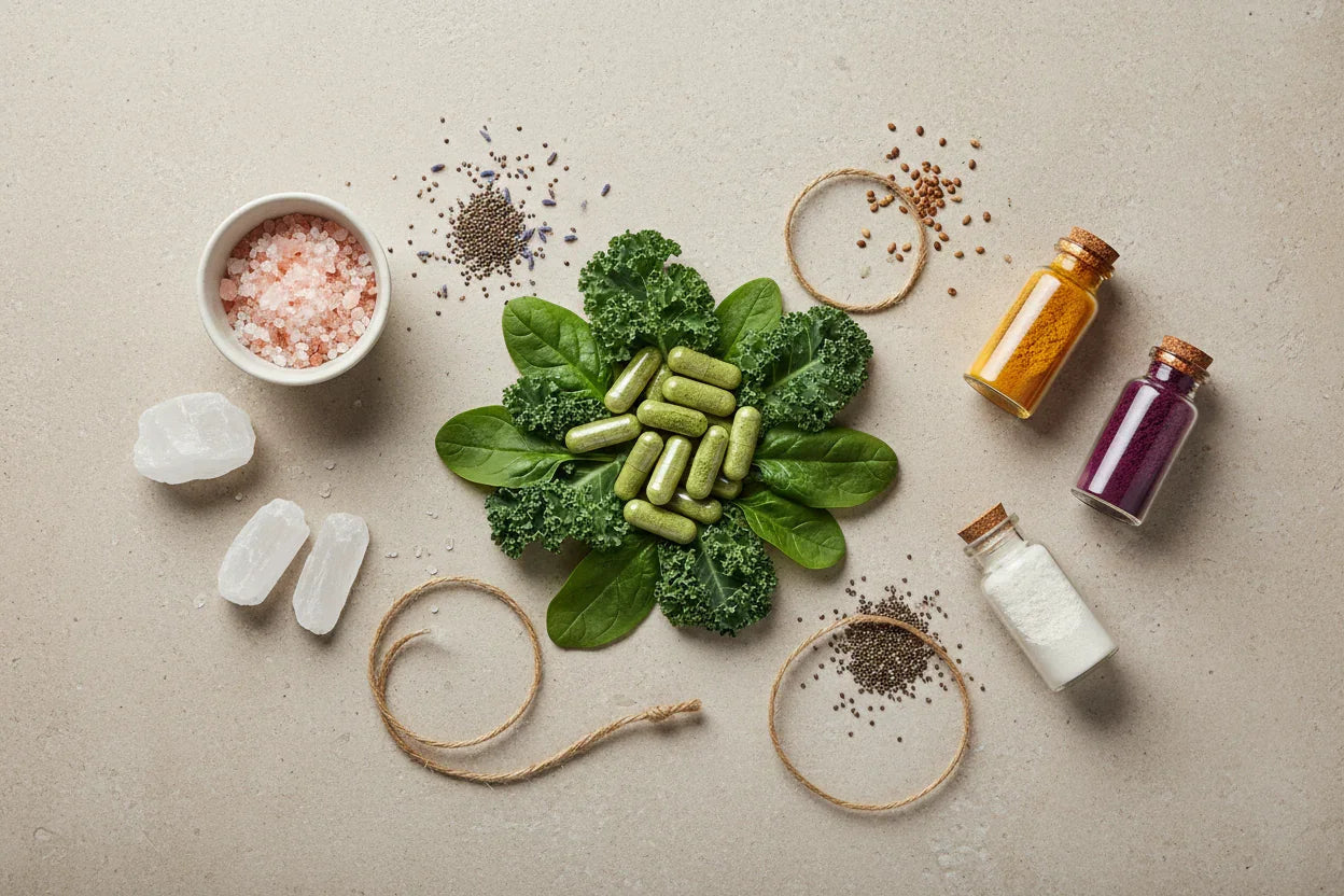 Green herbal supplement capsules on fresh kale and spinach leaves, surrounded by natural ingredients like pink salt, seeds, and spices.