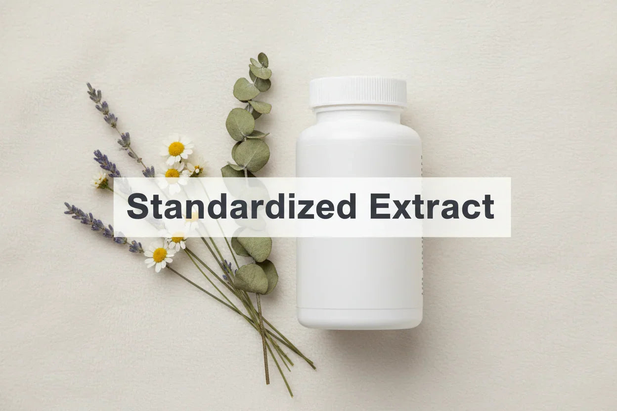 White supplement bottle with lavender, chamomile, and eucalyptus — standardized herbal extract for wellness