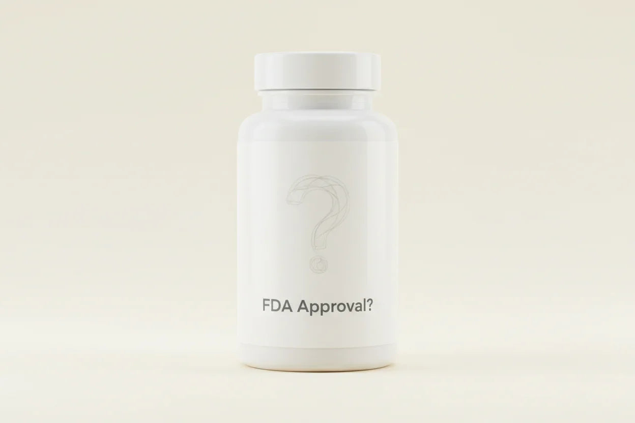 White supplement bottle with question mark and 'FDA Approval?' text, clean minimalist design