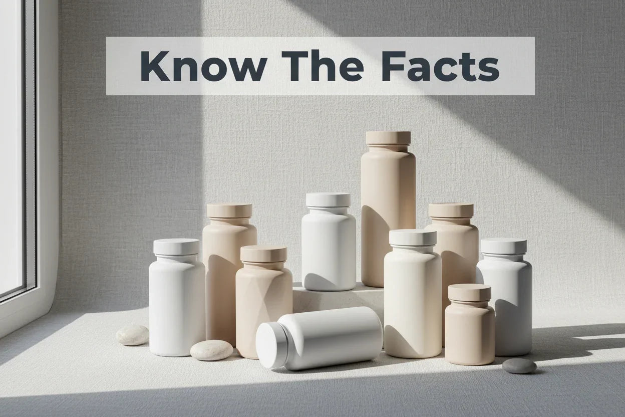 Know The Facts: herbal supplement bottles in soft natural light, clean minimalist wellness setup