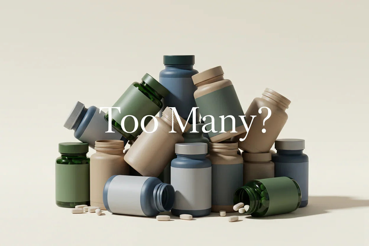 Pile of supplement bottles with pills scattered, asking 'Too Many?' for herbal wellness choices