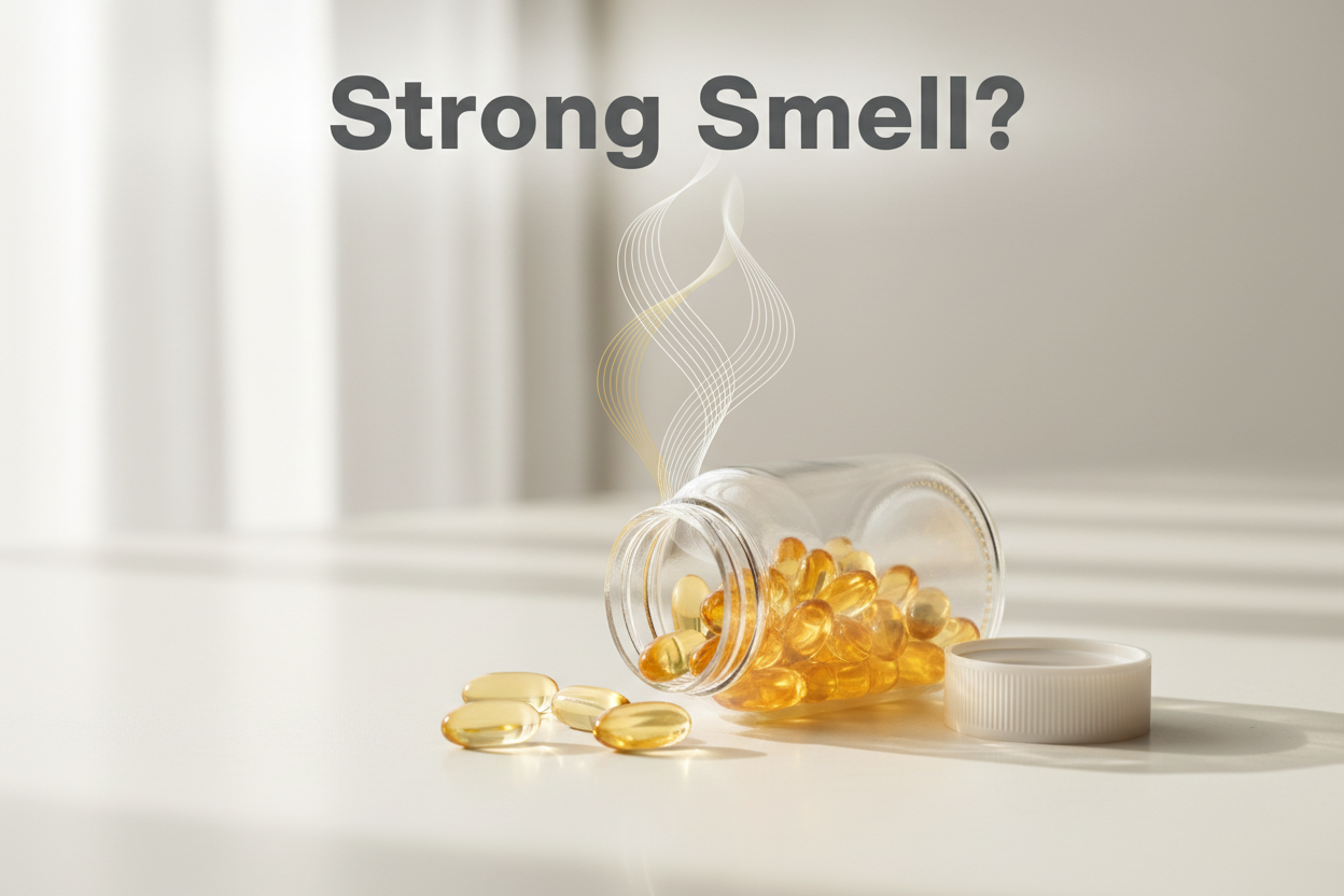Golden herbal supplement capsules spilling from a bottle with a 'Strong Smell?' text overlay