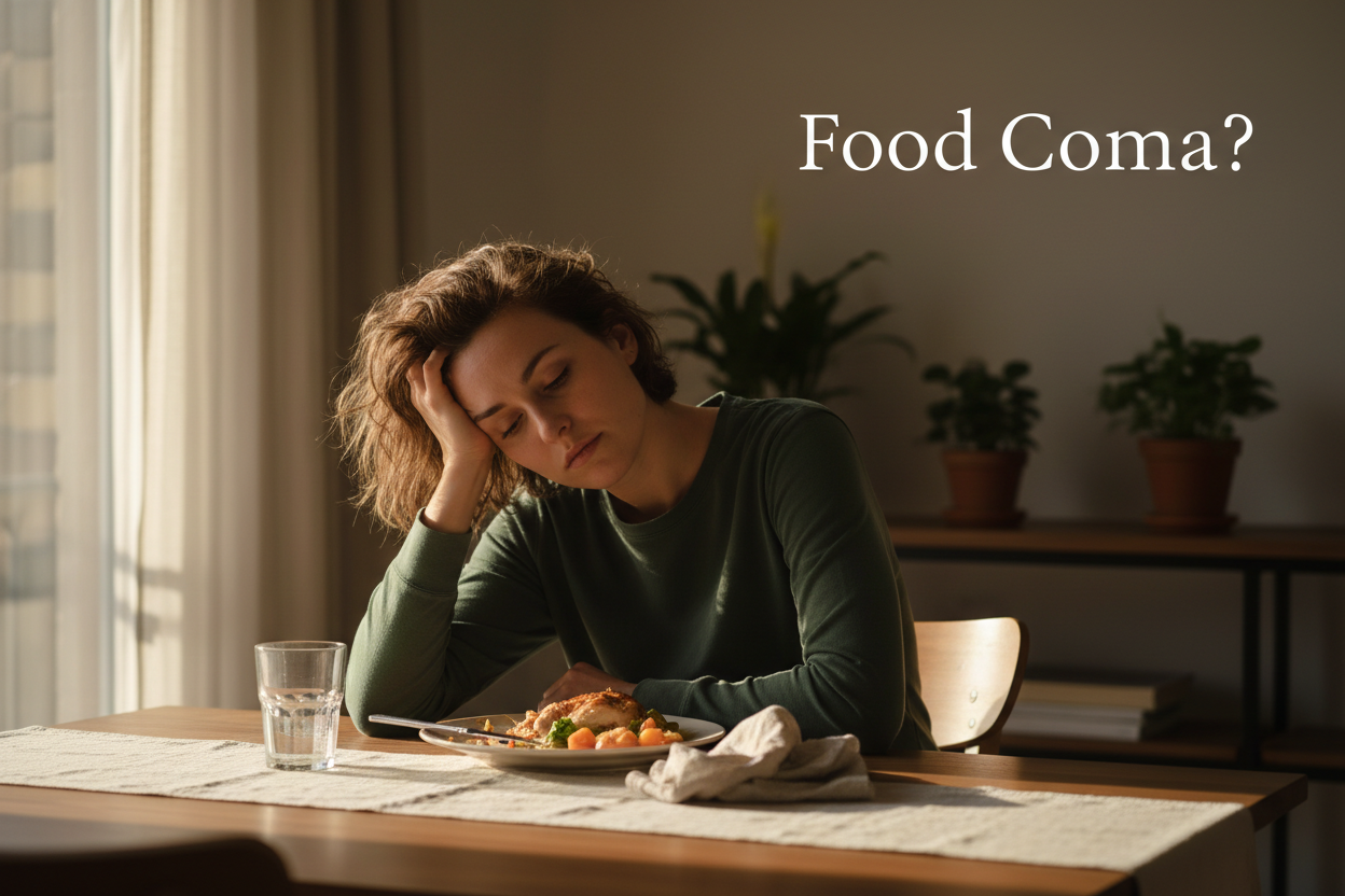 Tired woman at dinner table with full plate, experiencing food coma after meal