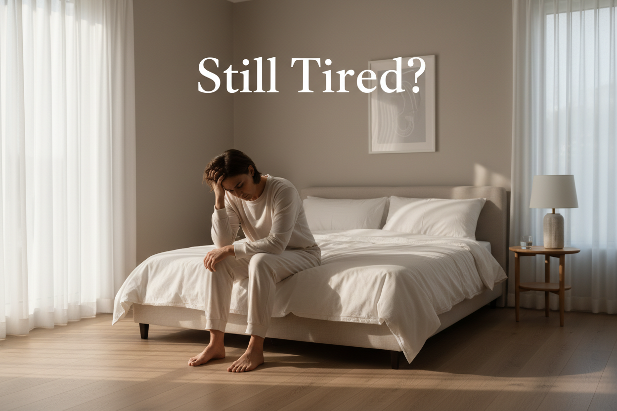 Tired woman sitting on bed, feeling exhausted despite rest, seeking wellness solutions