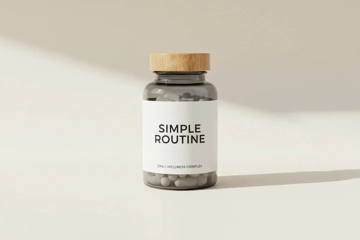 Simple Routine daily wellness complex supplement bottle with wooden cap, clean label design