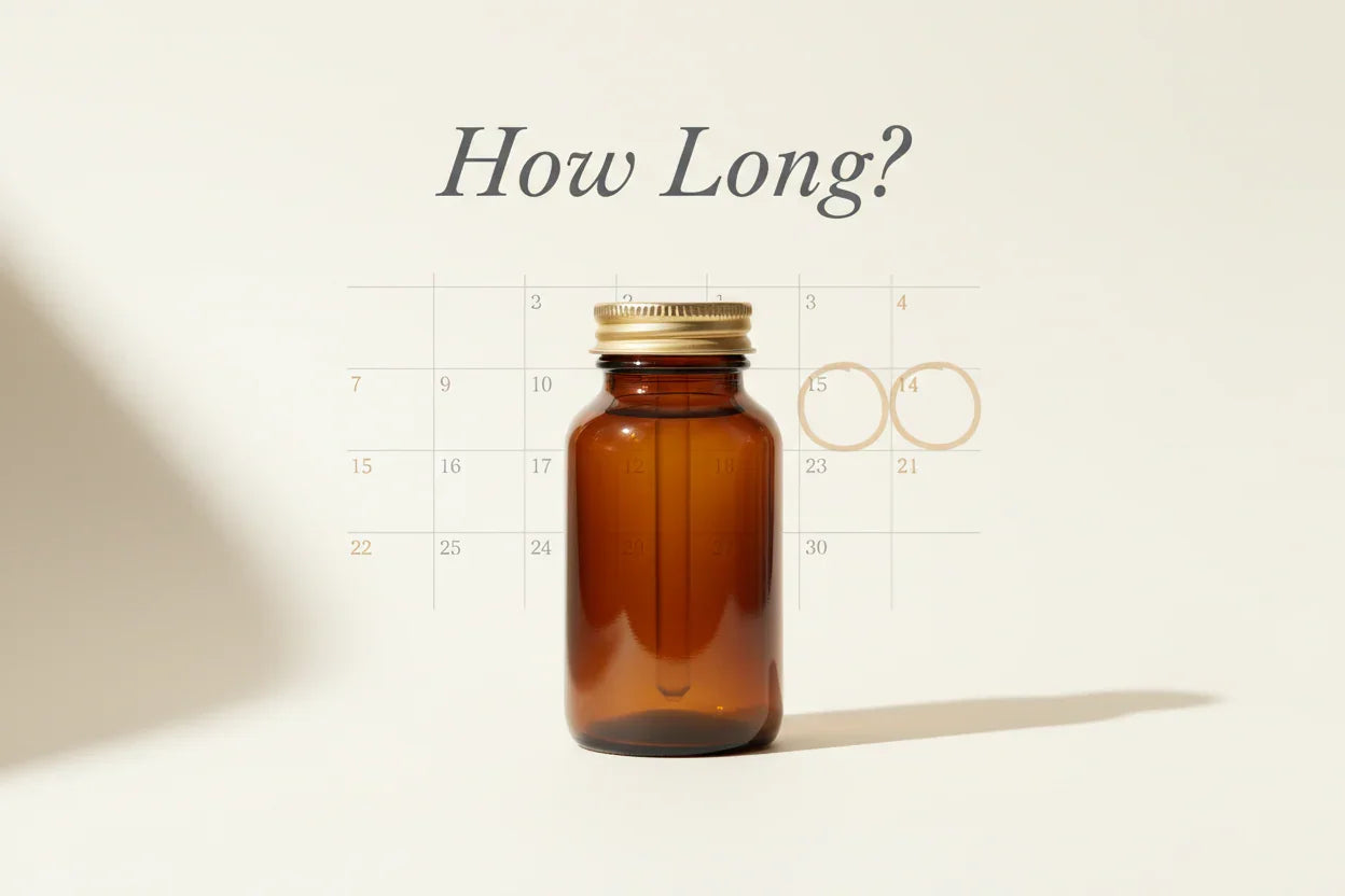 Amber supplement bottle with calendar asking 'How Long?' for wellness routine tracking