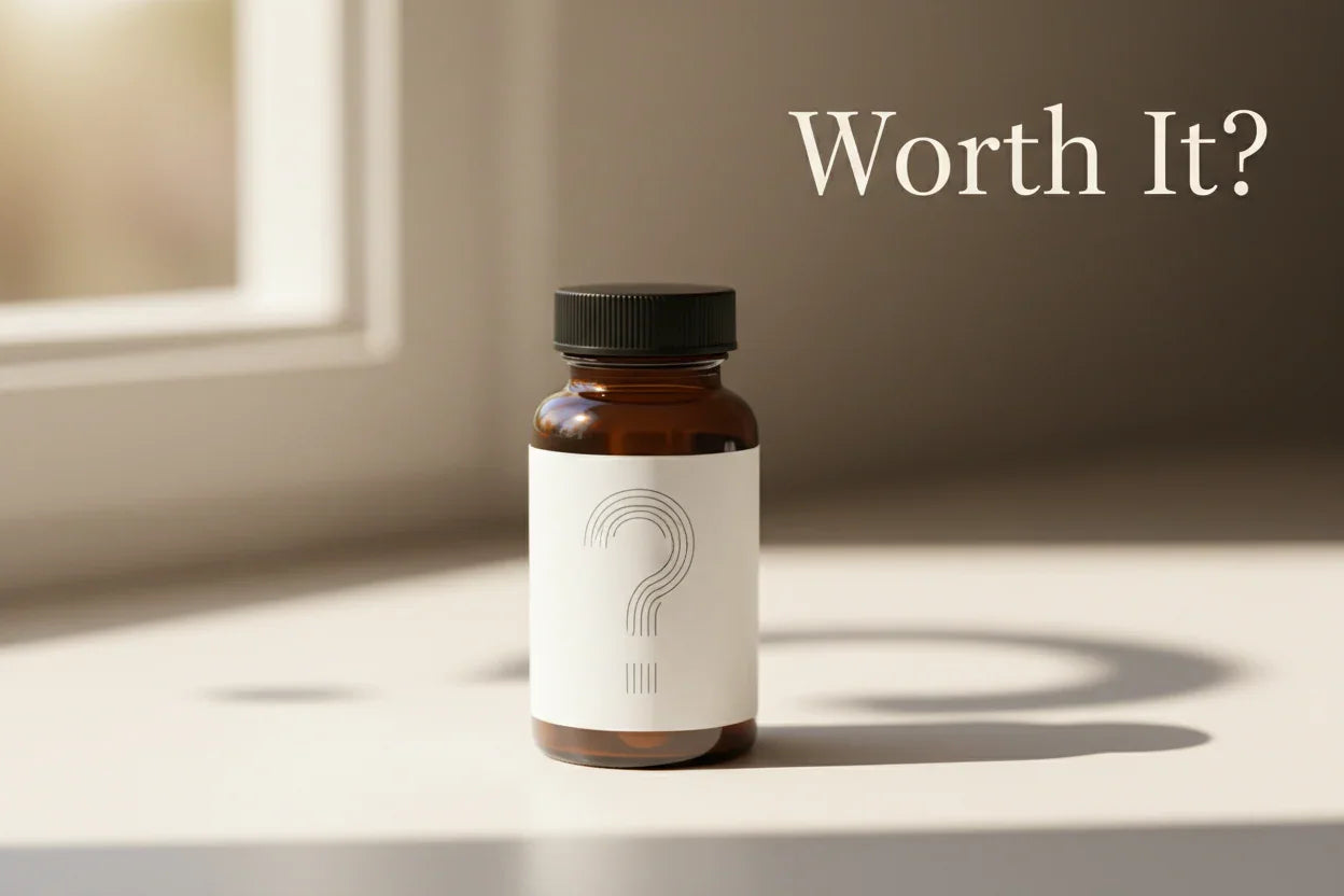 Herbal supplement bottle with question mark label, natural light on windowsill, worth it?