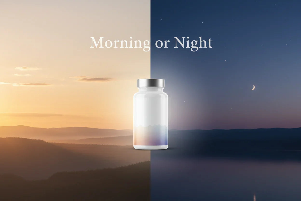Herbal supplement bottle for morning or night wellness, set against sunrise and moonlit landscape
