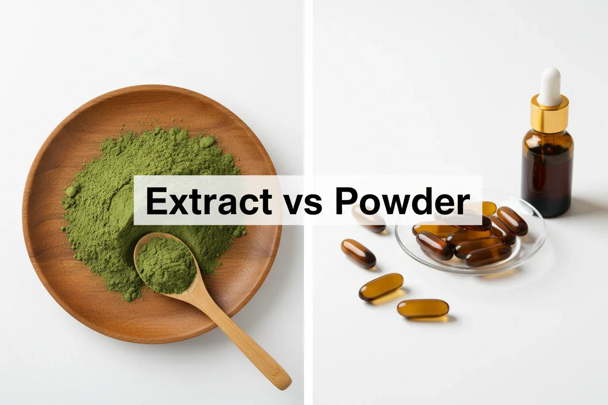 Green herbal powder in wooden bowl vs liquid extract capsules and dropper bottle