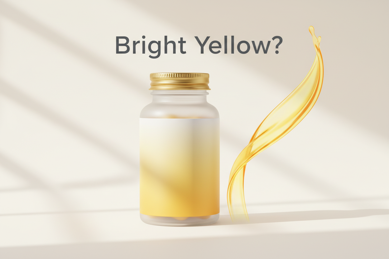 Bright yellow herbal supplement bottle with golden liquid splash, clean wellness product