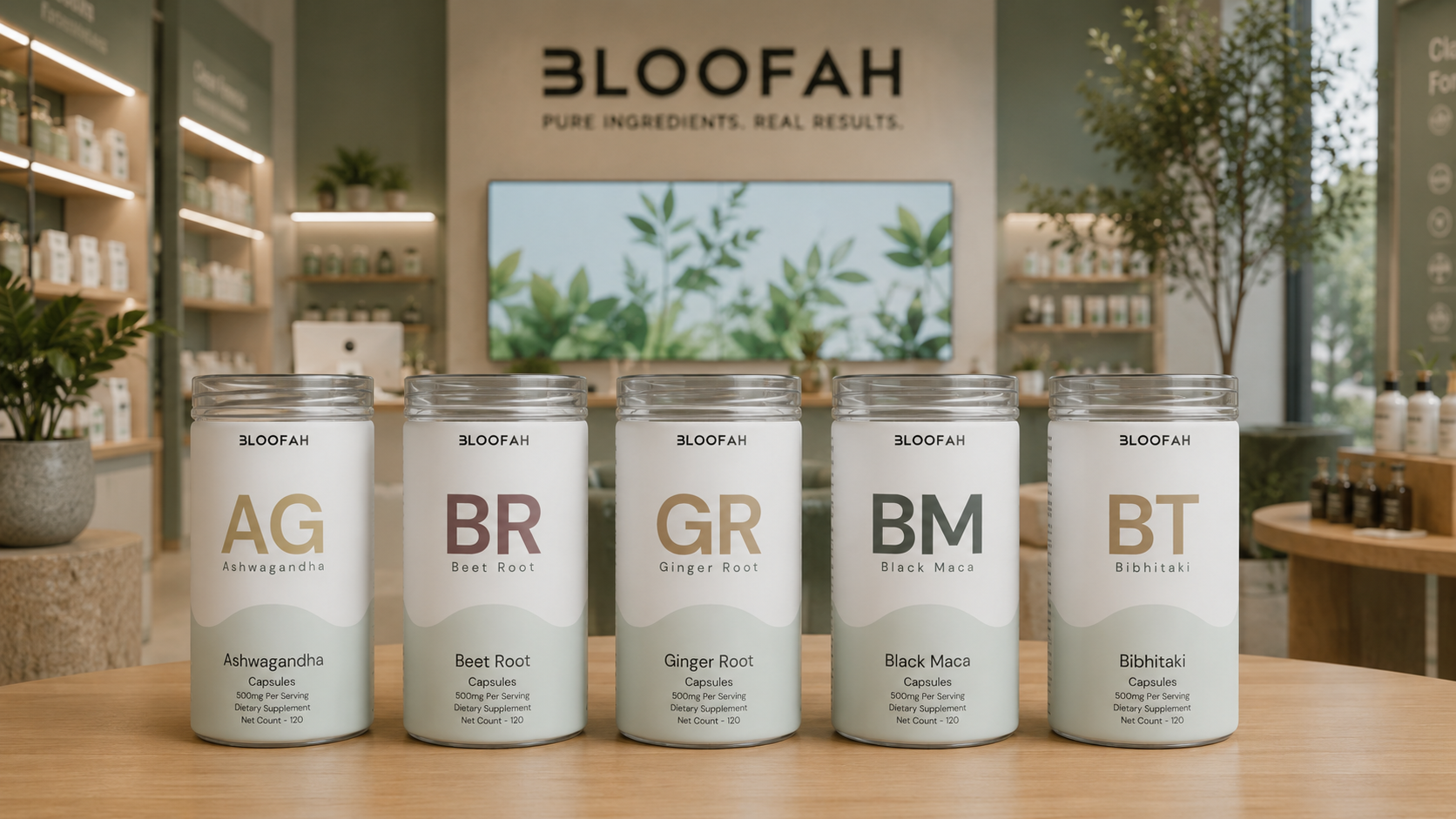Five herbal supplement bottles: Ashwagandha, Beet Root, Ginger Root, Black Maca, Bibhitaki on wooden table
