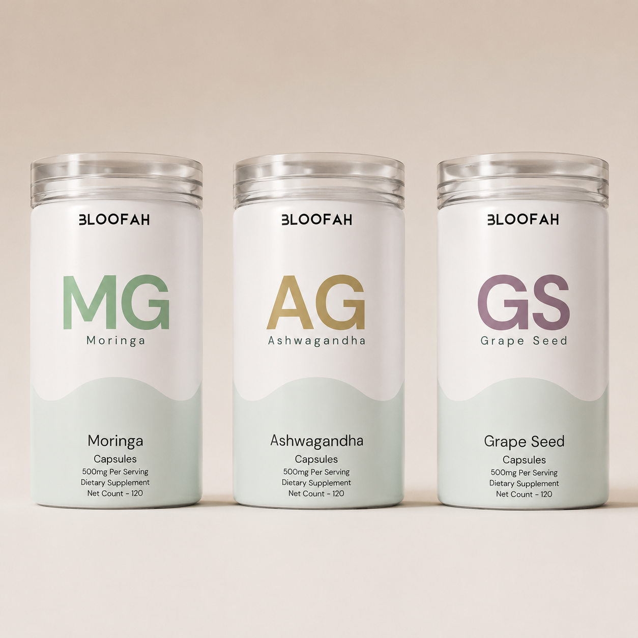 Moringa, Ashwagandha, and Grape Seed herbal supplement capsules in sleek white jars