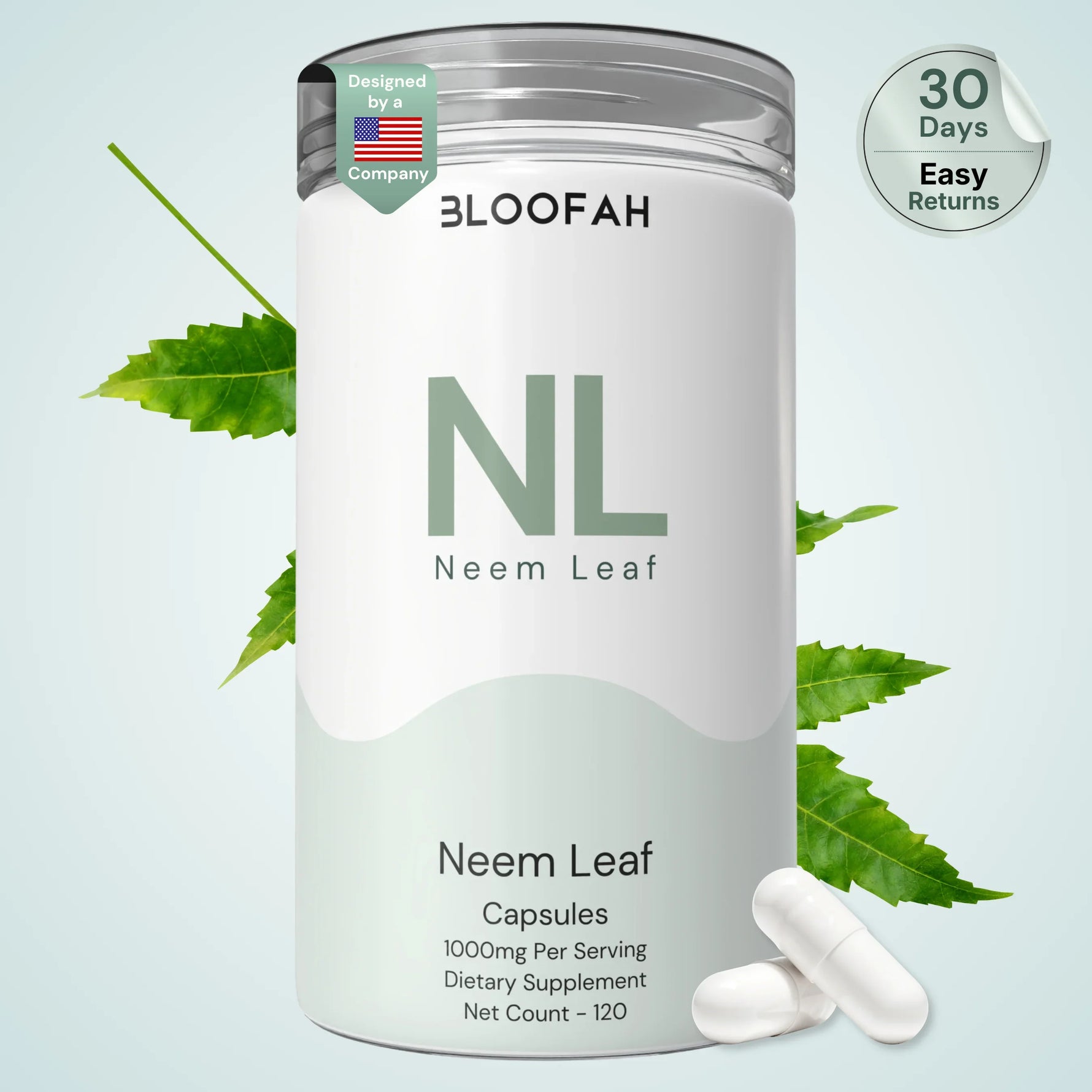 Bloofah NL Neem Capsules 1000mg | Azadirachta indica Leaf | 120 Capsules