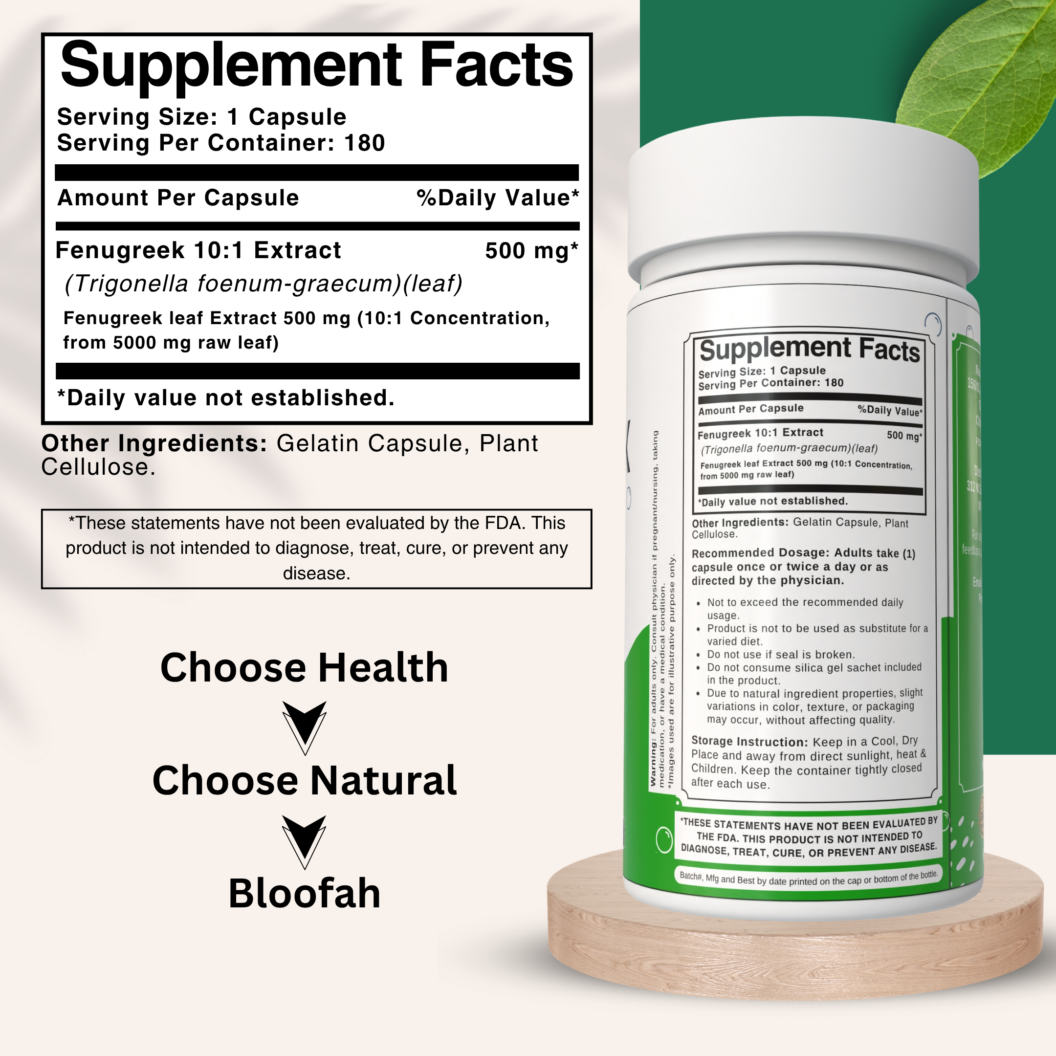 Bloofah Fenugreek Leaf Extract Capsules 500mg | 100% Pure Fenugreek Leaf Powder (Trigonella foenum-graecum) for Overall Good Health | Extra Strength Eq. to 5000mg