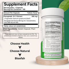 Bloofah Fenugreek Leaf Extract Capsules 500mg | 100% Pure Fenugreek Leaf Powder (Trigonella foenum-graecum) for Overall Good Health | Extra Strength Eq. to 5000mg