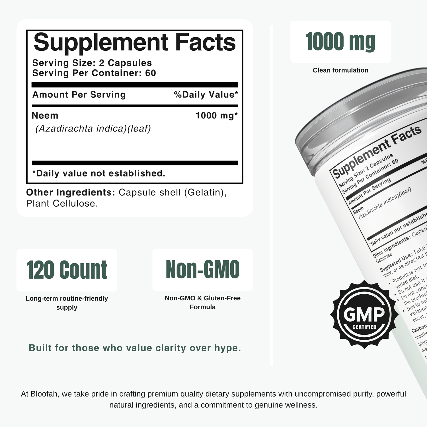 Bloofah NL Neem Capsules 1000mg | Azadirachta indica Leaf | 120 Capsules