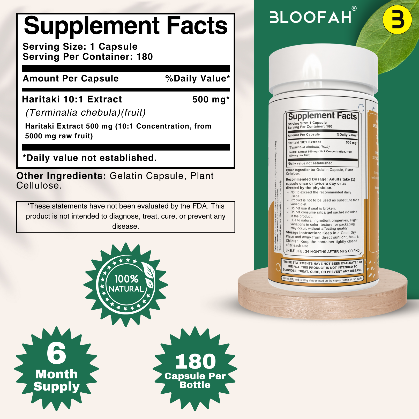 Bloofah Haritaki Capsules 500mg | Natural Digestive Health Supplement | 100% Pure Haritaki (Terminalia chebula) Fruit Extract 10:1 Powder | Non-GMO, Gluten Free Formula Herbal Supplement