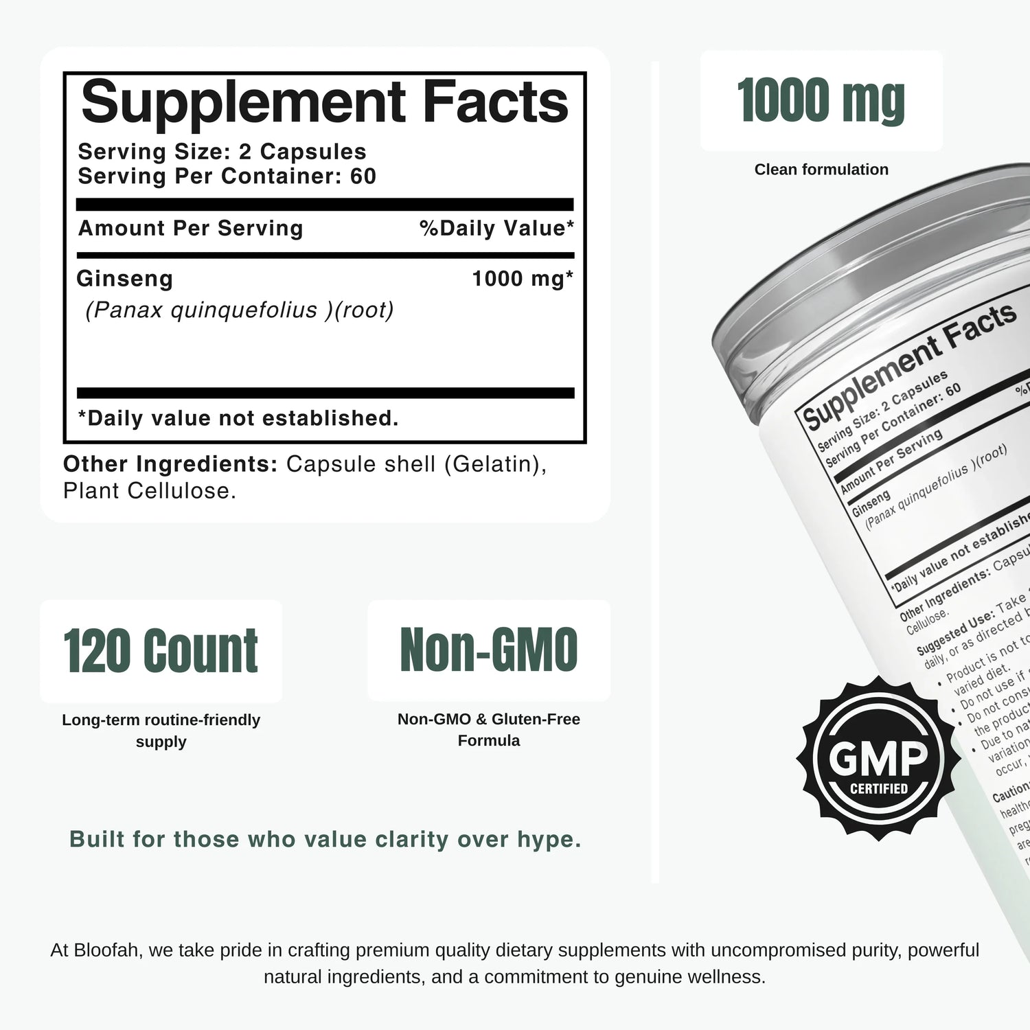 Bloofah GN Ginseng Capsules 1000mg | Panax ginseng Root | 120 Capsules