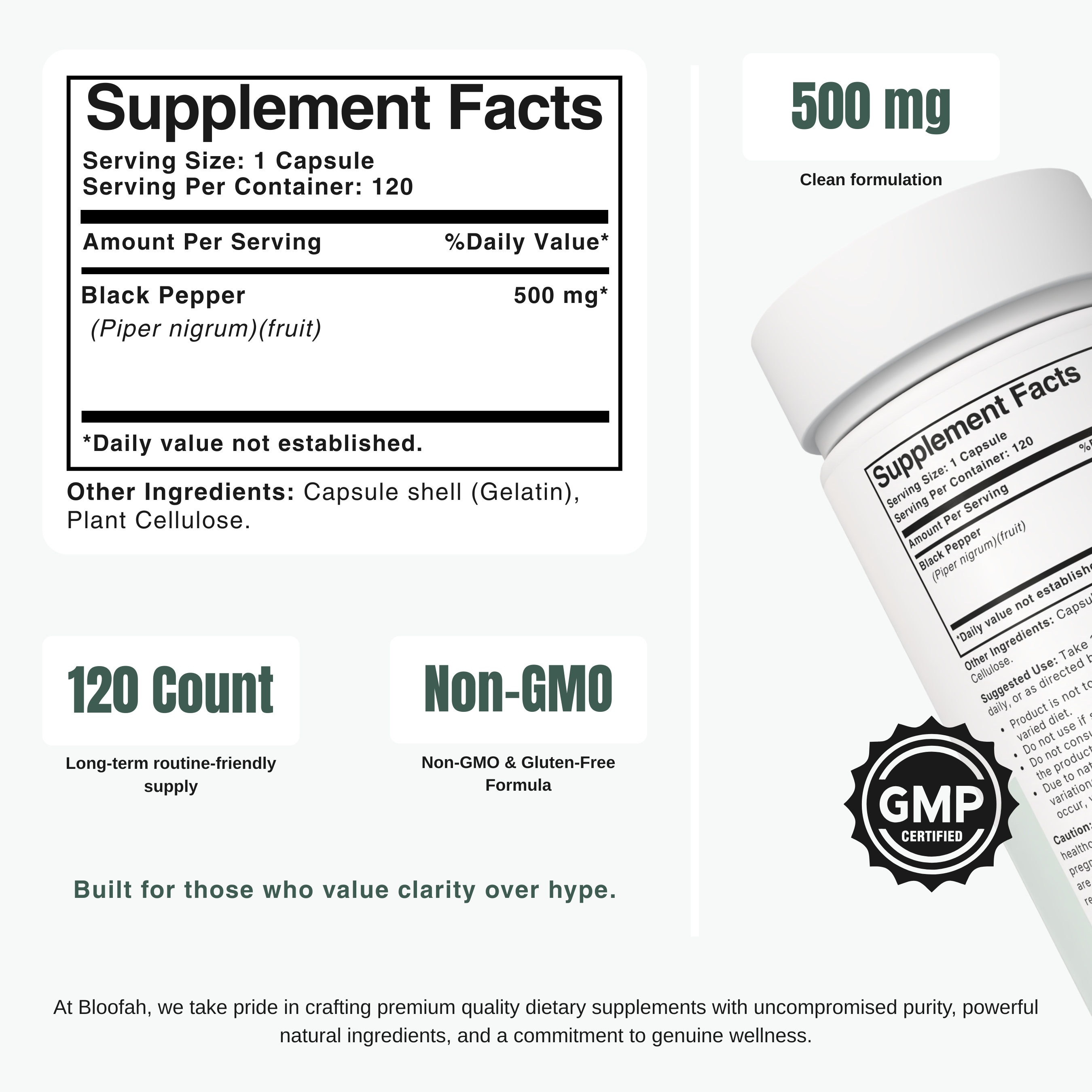 Bloofah BP – Black Pepper Capsules 500mg | Absorption & Digestion Support (120 Capsules)