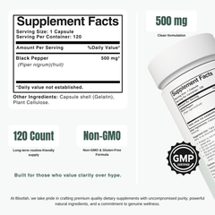 Bloofah BP – Black Pepper Capsules 500mg | Absorption & Digestion Support (120 Capsules)