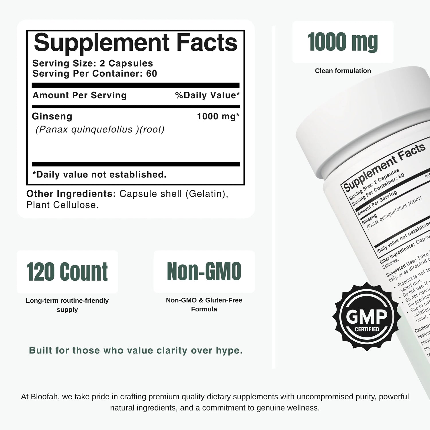 Bloofah GN Ginseng Capsules 1000mg | Panax ginseng Root | 120 Capsules