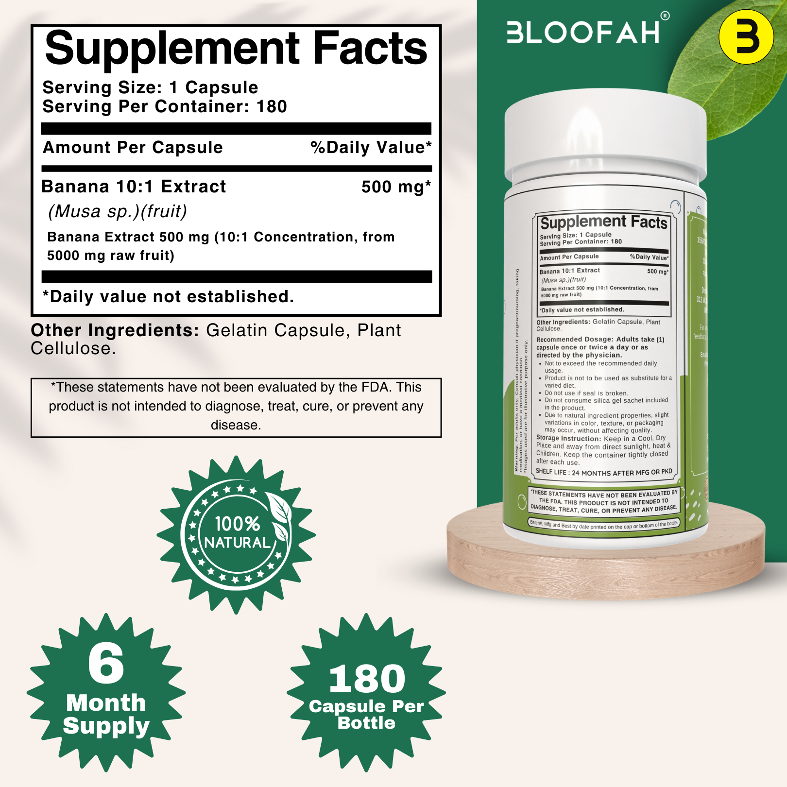 Bloofah Banana Capsules 500mg | 100% Pure Dried Banana Fruit Extract (Musa sp.) Powder Per Serving Eq. to 5000mg | Gluten Free Natural Herbal Supplement Rich in Potassium