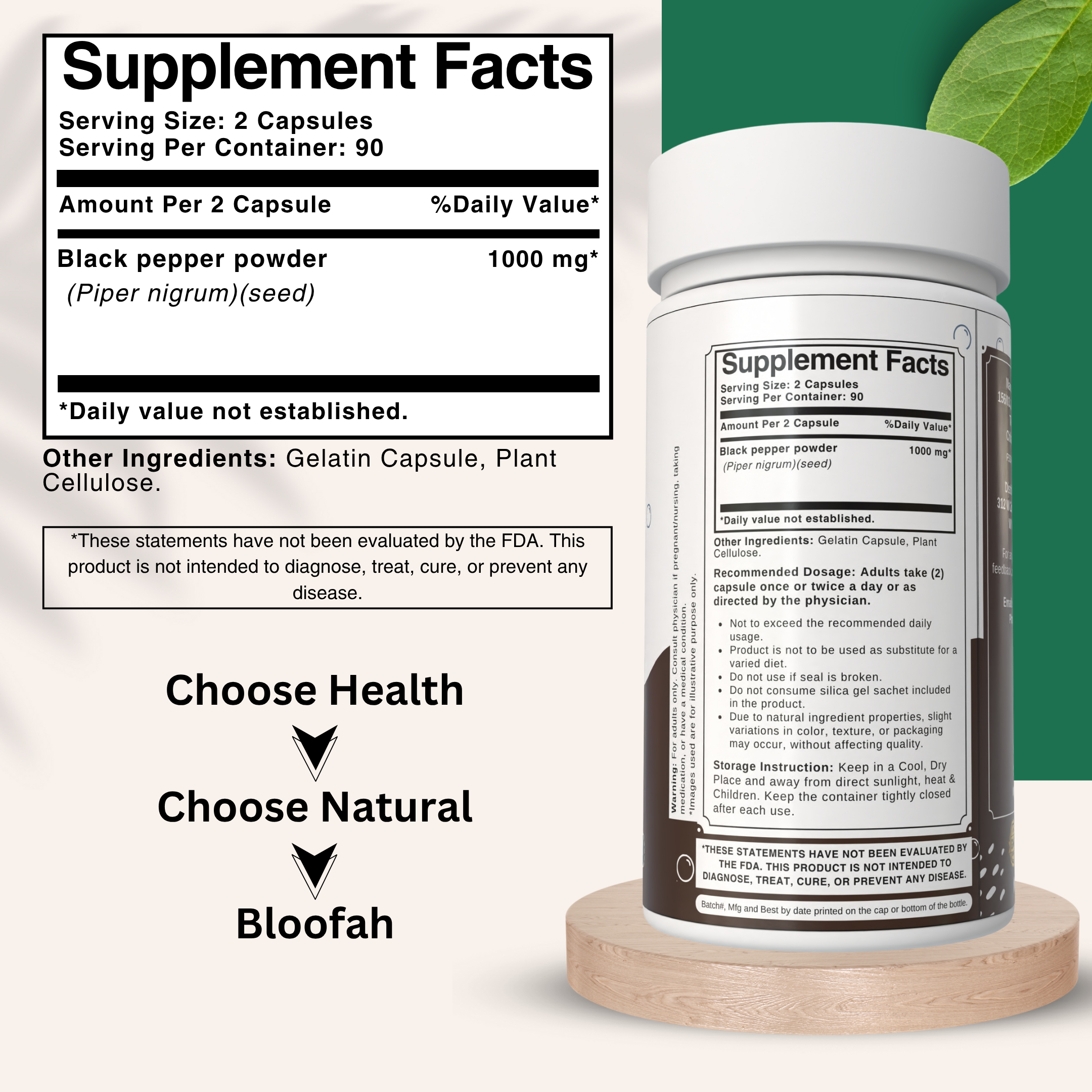 Bloofah Black Pepper Capsules 1000mg | Natural Bioperine (Piper nigrum) Seed Powder | 100% Pure, Non-GMO, Gluten Free Formula | Herbal Supplement