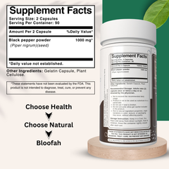 Bloofah Black Pepper Capsules 1000mg | Natural Bioperine (Piper nigrum) Seed Powder | 100% Pure, Non-GMO, Gluten Free Formula | Herbal Supplement