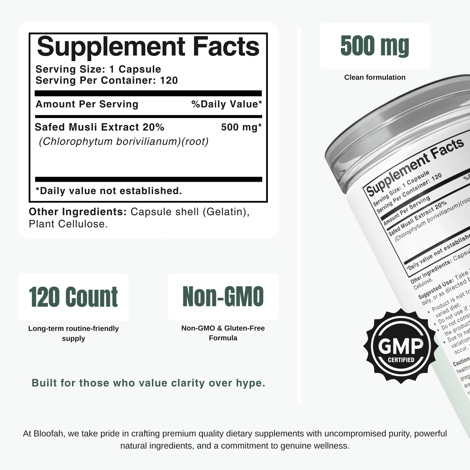Bloofah SM Safed Musli Capsules 500mg | Chlorophytum borivilianum Root Extract | 120 Capsules
