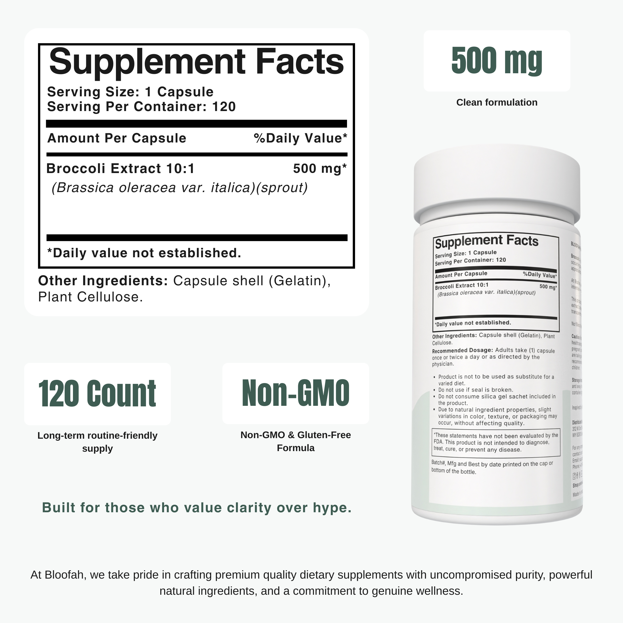 Bloofah BS – Broccoli Sprout Capsules 500mg | Cellular & Antioxidant Support (120 Capsules)