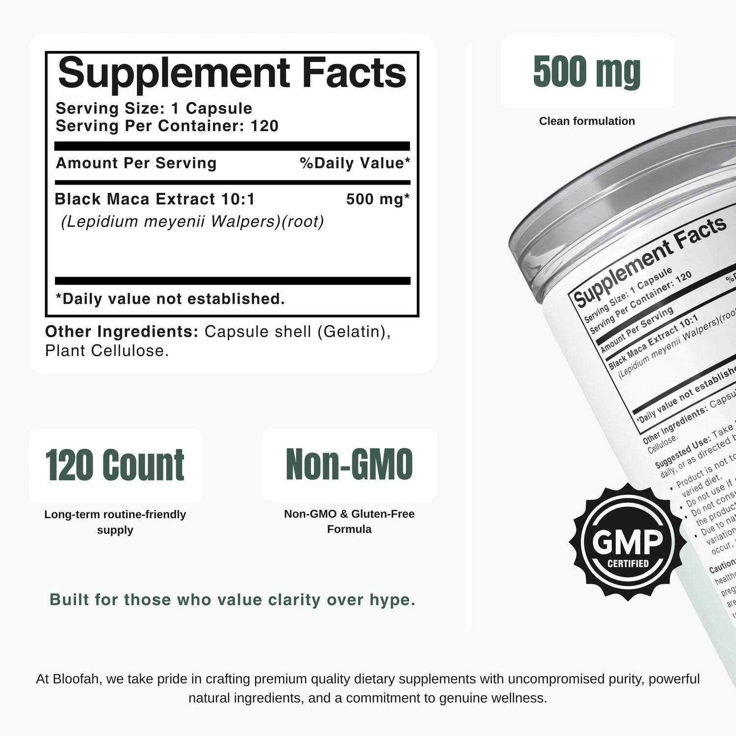Bloofah BM Black Maca Capsules 500mg | Lepidium meyenii Root Extract | 120 Capsules